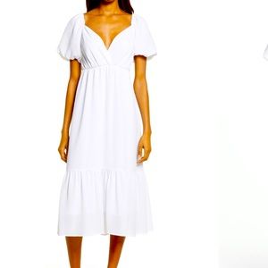 Balloon Tiered Midi Dress White